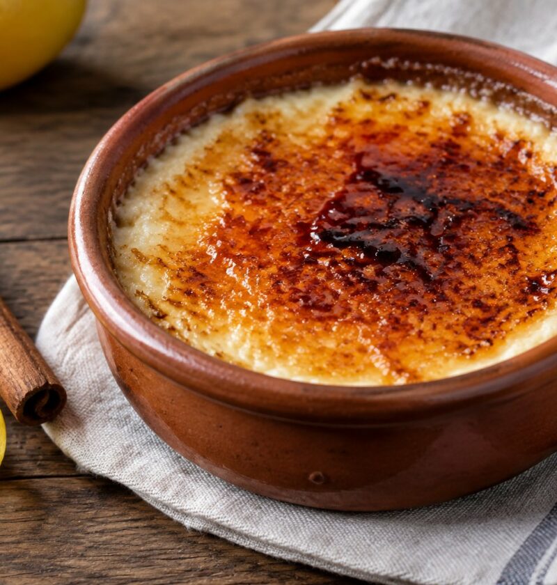 Cazuelita de barro con arroz con leche asturiano cremoso y costra de azúcar requemado, junto a una rama de canela y piel de limón