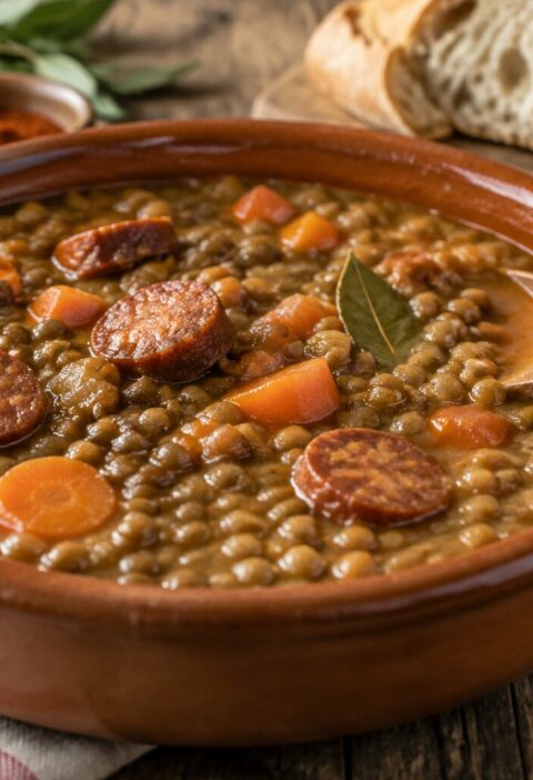Plato de barro con lentejas estofadas con chorizo y zanahoria, receta tradicional española