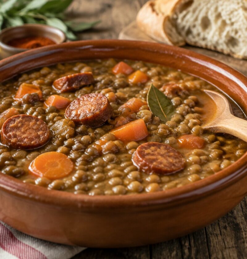 Plato de barro con lentejas estofadas con chorizo y zanahoria, receta tradicional española