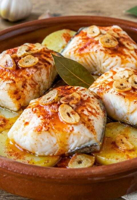Cazuela de barro con lomos de merluza a la gallega sobre patatas cocidas, con ajada de ajo dorado y pimentón