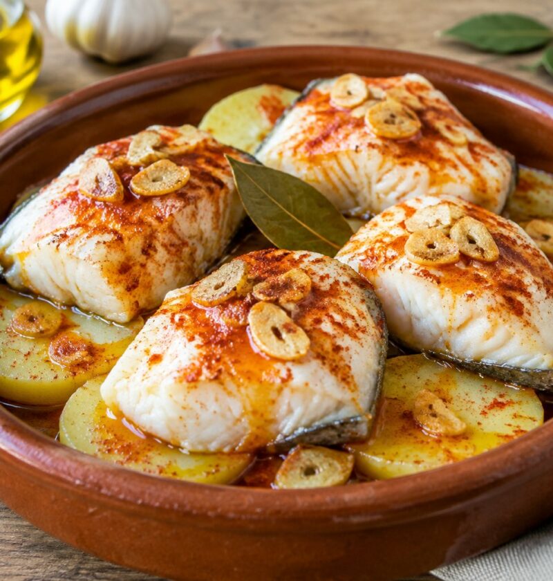 Cazuela de barro con lomos de merluza a la gallega sobre patatas cocidas, con ajada de ajo dorado y pimentón