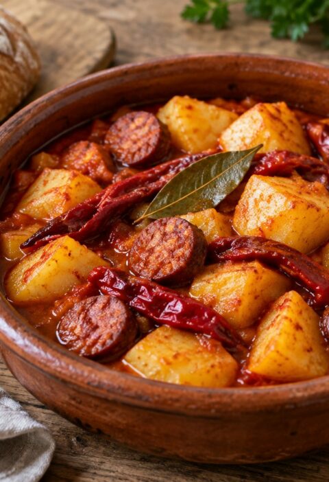 Cazuela de barro con patatas a la riojana, chorizo en rodajas y pimiento choricero en caldo rojo de pimentón