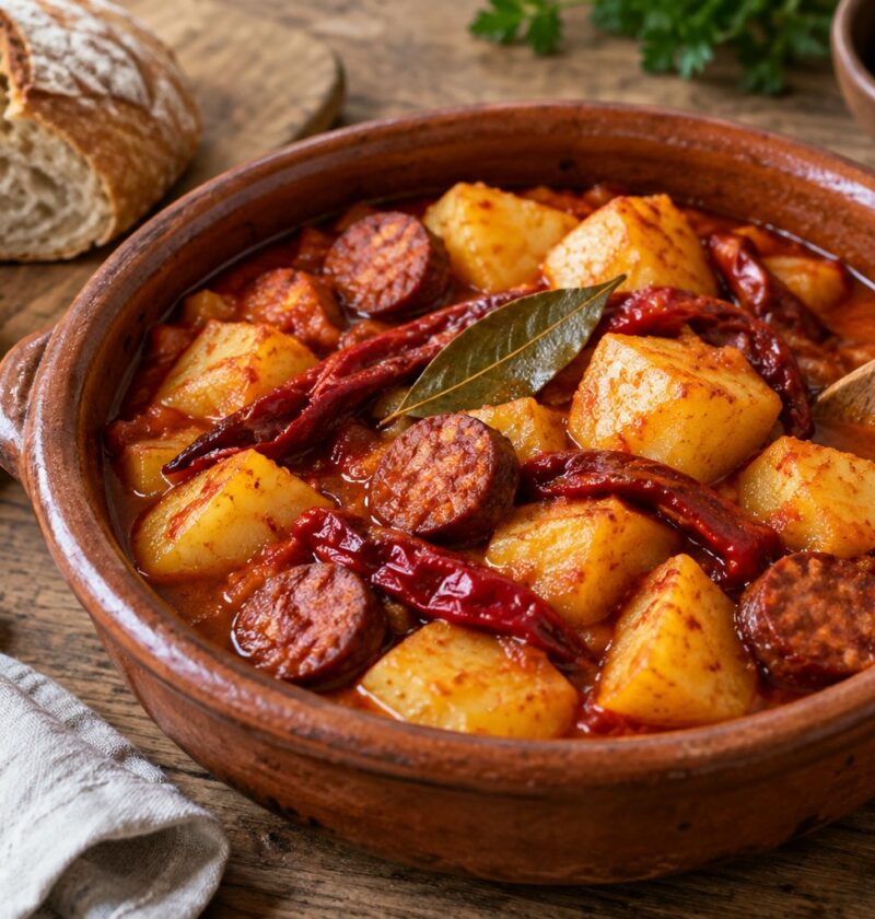 Cazuela de barro con patatas a la riojana, chorizo en rodajas y pimiento choricero en caldo rojo de pimentón