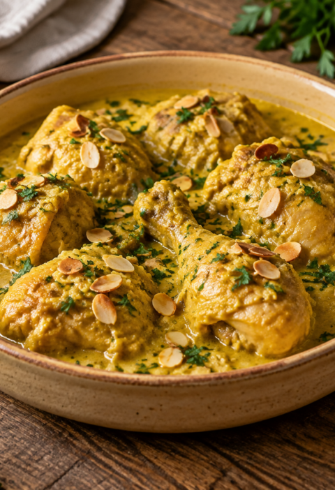 Cazuela de pollo en pepitoria con salsa de almendras y azafrán