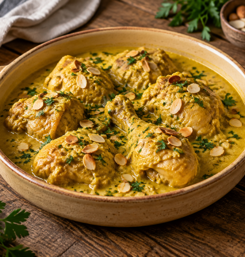 Cazuela de pollo en pepitoria con salsa de almendras y azafrán