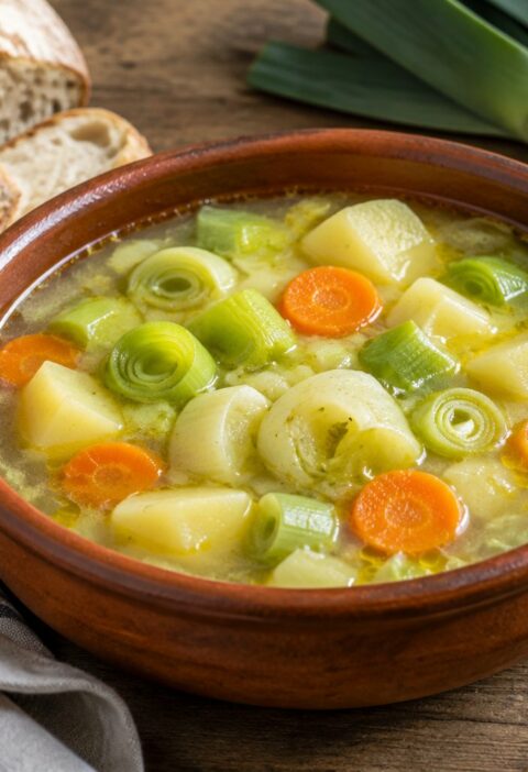 Cazuela de barro con porrusalda, sopa vasca de puerros, patatas y zanahoria, junto a pan y puerros frescos