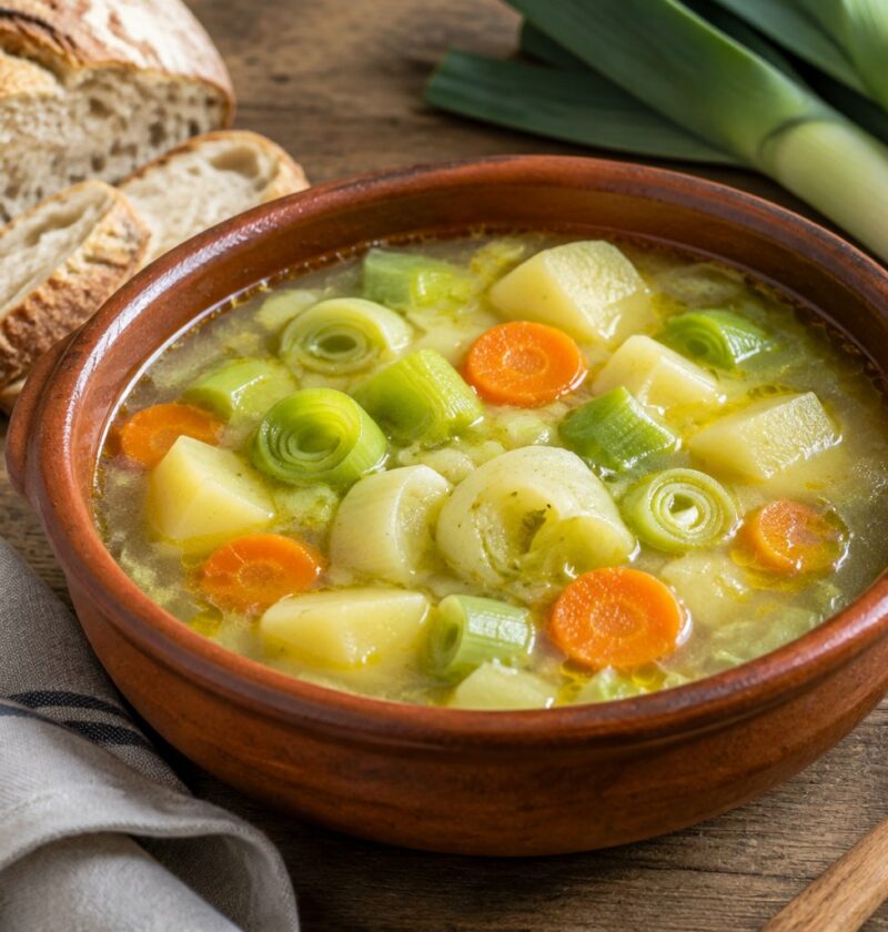 Cazuela de barro con porrusalda, sopa vasca de puerros, patatas y zanahoria, junto a pan y puerros frescos