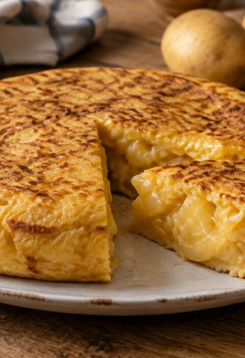Tortilla de patatas jugosa con una porción cortada mostrando su interior cremoso