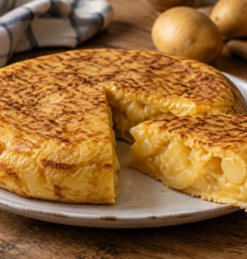 Tortilla de patatas jugosa con una porción cortada mostrando su interior cremoso