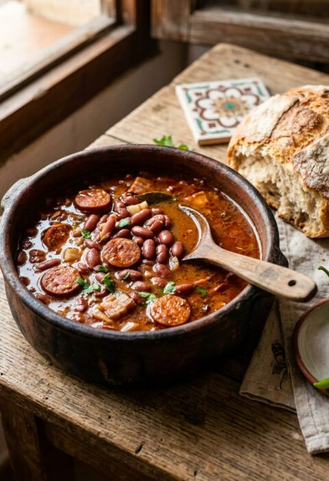 Cazuela de barro con alubias rojas con chorizo en rodajas y caldo espeso, con pan de hogaza al lado