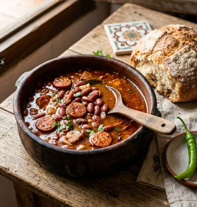 Cazuela de barro con alubias rojas con chorizo en rodajas y caldo espeso, con pan de hogaza al lado