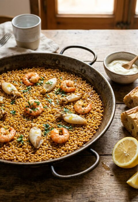 Paellera de hierro con arroz a banda dorado, gambas y calamares pequeños con perejil, con alioli, pan y limón al lado