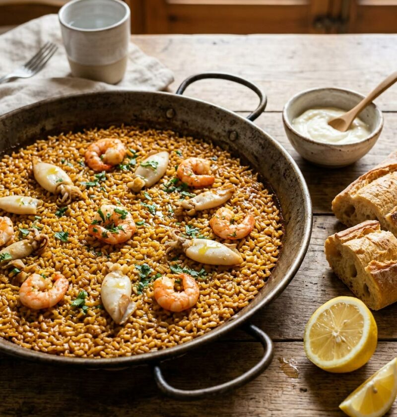 Paellera de hierro con arroz a banda dorado, gambas y calamares pequeños con perejil, con alioli, pan y limón al lado