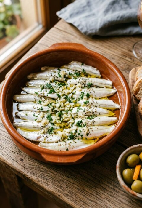 Cazuela de barro con boquerones en vinagre cubiertos de aceite de oliva, ajo y perejil picados, con pan de barra y aceitunas verdes al lado