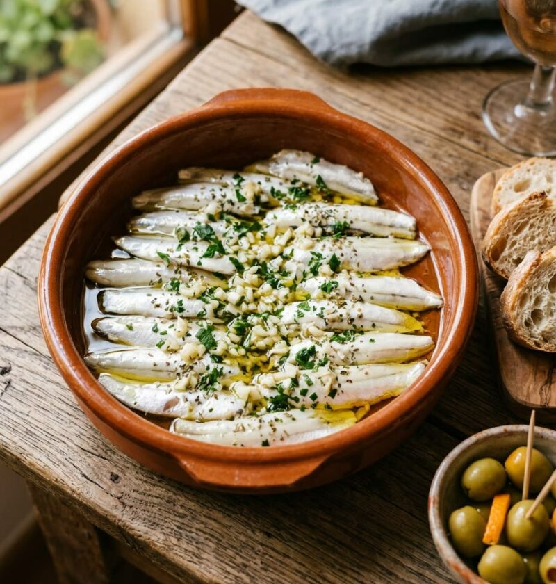 Cazuela de barro con boquerones en vinagre cubiertos de aceite de oliva, ajo y perejil picados, con pan de barra y aceitunas verdes al lado