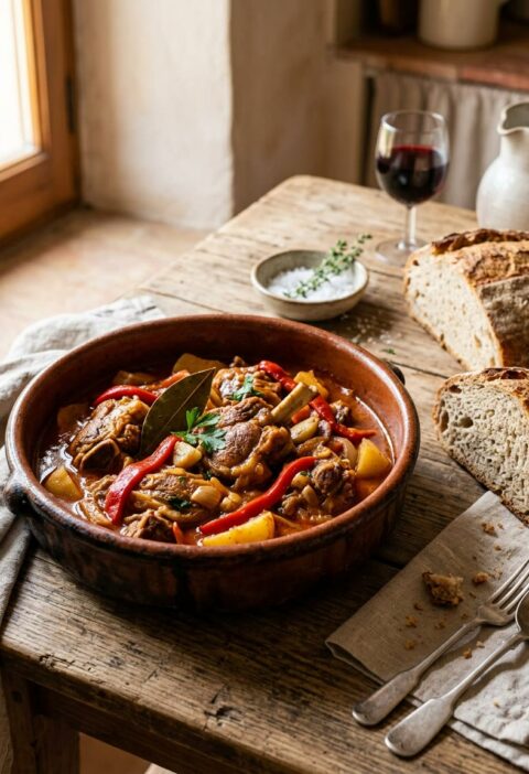Cazuela de barro con caldereta de cordero en salsa rojiza espesa con trozos de pimiento, con pan de hogaza al lado