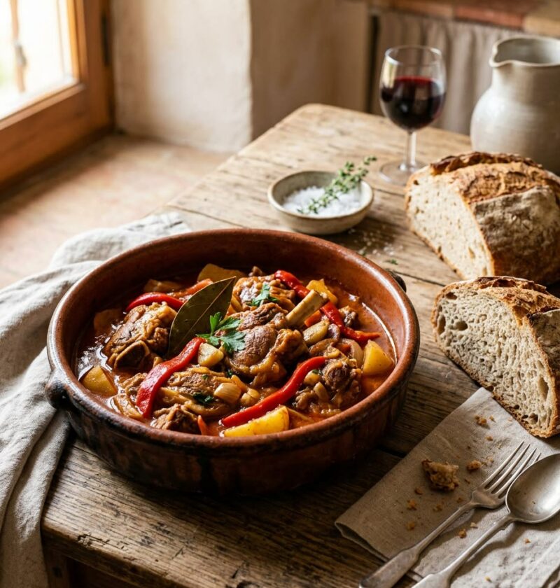 Cazuela de barro con caldereta de cordero en salsa rojiza espesa con trozos de pimiento, con pan de hogaza al lado