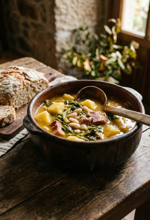 Cazuela de barro con caldo gallego de grelos, patatas, alubias blancas y lacón, con pan gallego al lado