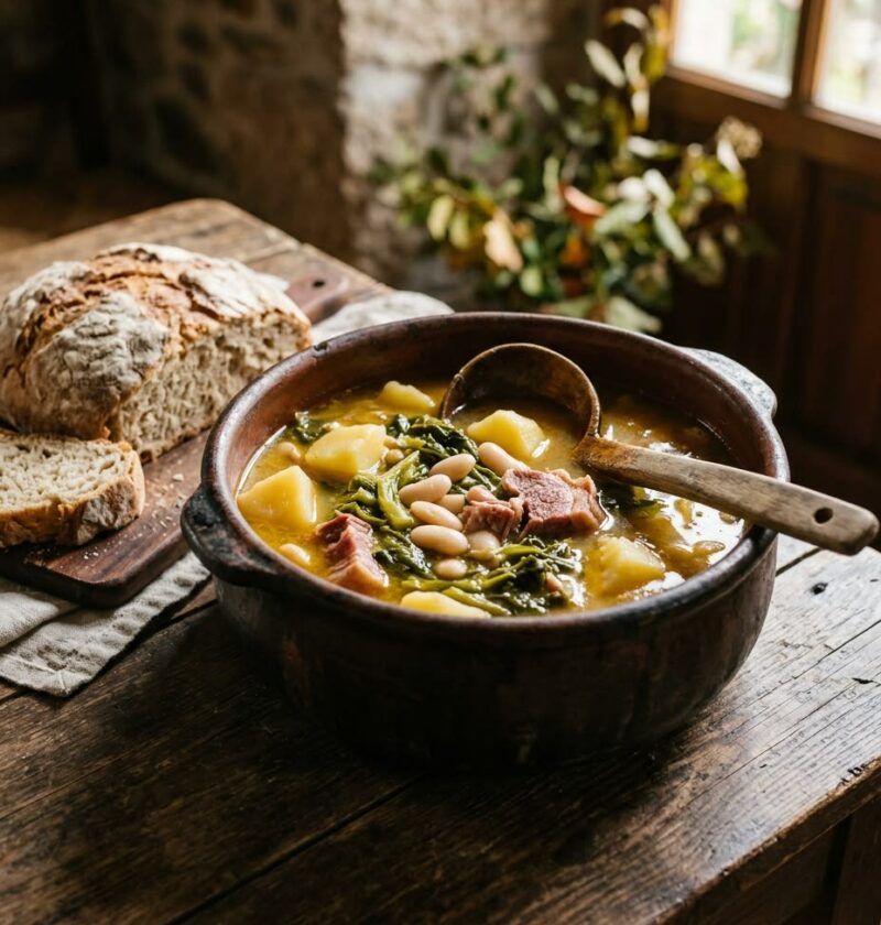 Cazuela de barro con caldo gallego de grelos, patatas, alubias blancas y lacón, con pan gallego al lado
