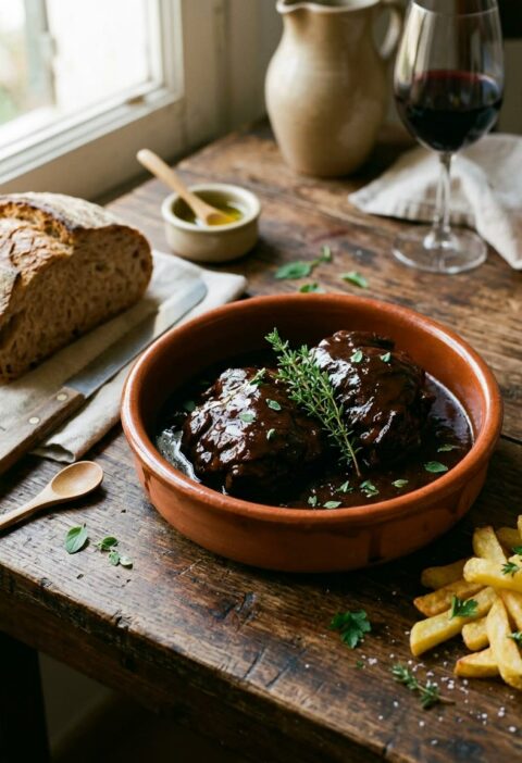 Cazuela de barro con carrilladas de cerdo en salsa de vino tinto brillante, con pan de hogaza al lado