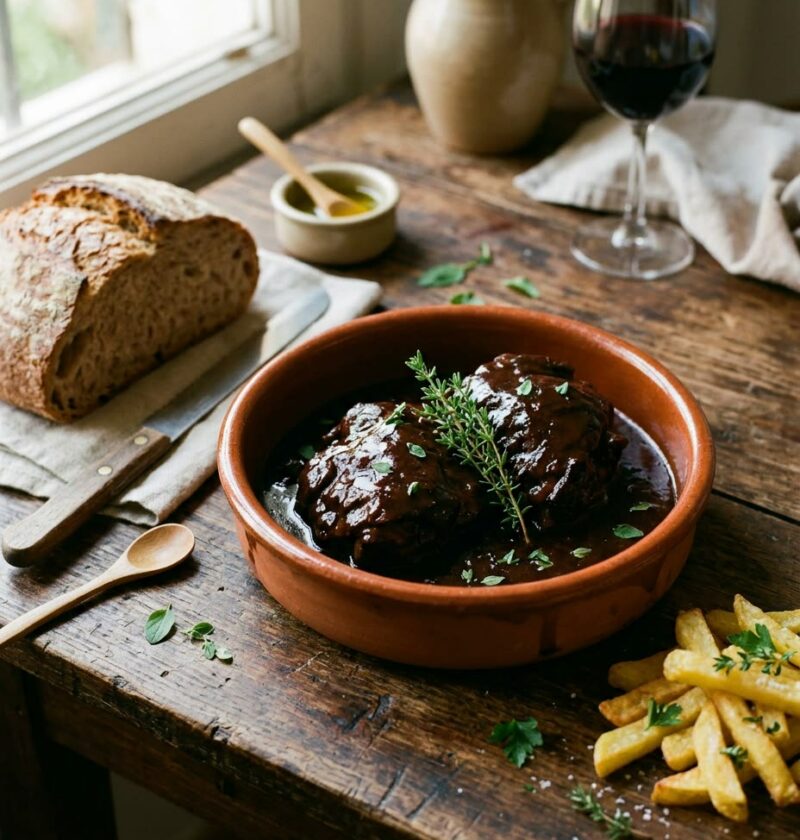Cazuela de barro con carrilladas de cerdo en salsa de vino tinto brillante, con pan de hogaza al lado