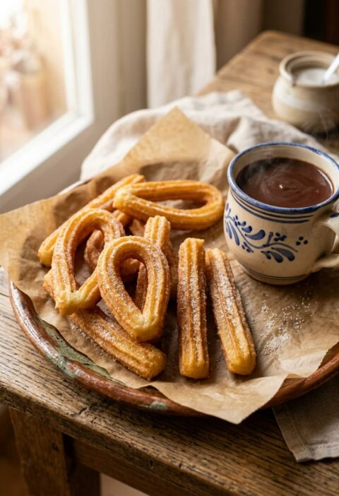 Plato de barro con churros caseros dorados espolvoreados con azúcar, con una taza de chocolate caliente al lado