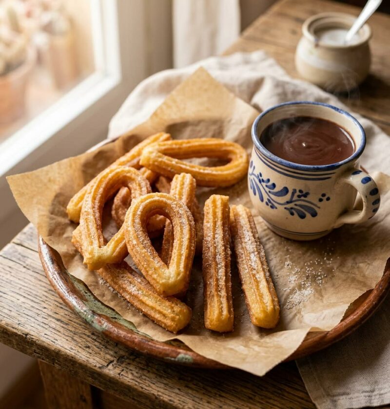 Plato de barro con churros caseros dorados espolvoreados con azúcar, con una taza de chocolate caliente al lado
