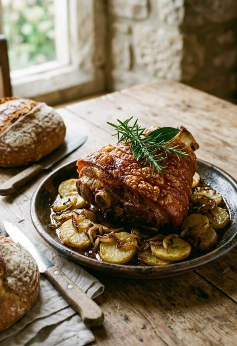 Fuente de barro con codillo de cerdo al horno de piel dorada y crujiente sobre patatas panaderas y cebolla, con pan de hogaza al lado