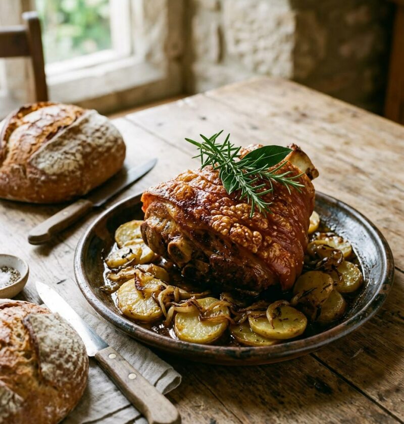 Fuente de barro con codillo de cerdo al horno de piel dorada y crujiente sobre patatas panaderas y cebolla, con pan de hogaza al lado