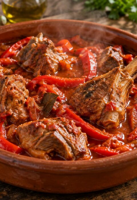 Cazuela de barro con cordero al chilindrón en salsa roja de pimientos y tomate, con pan de hogaza al lado