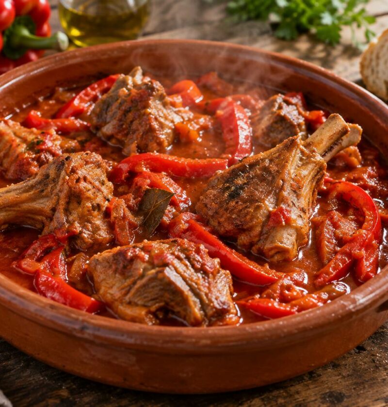 Cazuela de barro con cordero al chilindrón en salsa roja de pimientos y tomate, con pan de hogaza al lado
