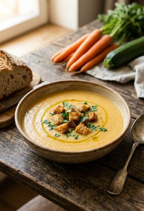 Cuenco de cerámica con crema de verduras, hilo de aceite de oliva, picatostes y perejil, con pan de hogaza y zanahorias al lado
