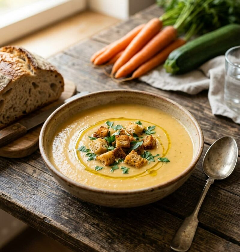 Cuenco de cerámica con crema de verduras, hilo de aceite de oliva, picatostes y perejil, con pan de hogaza y zanahorias al lado