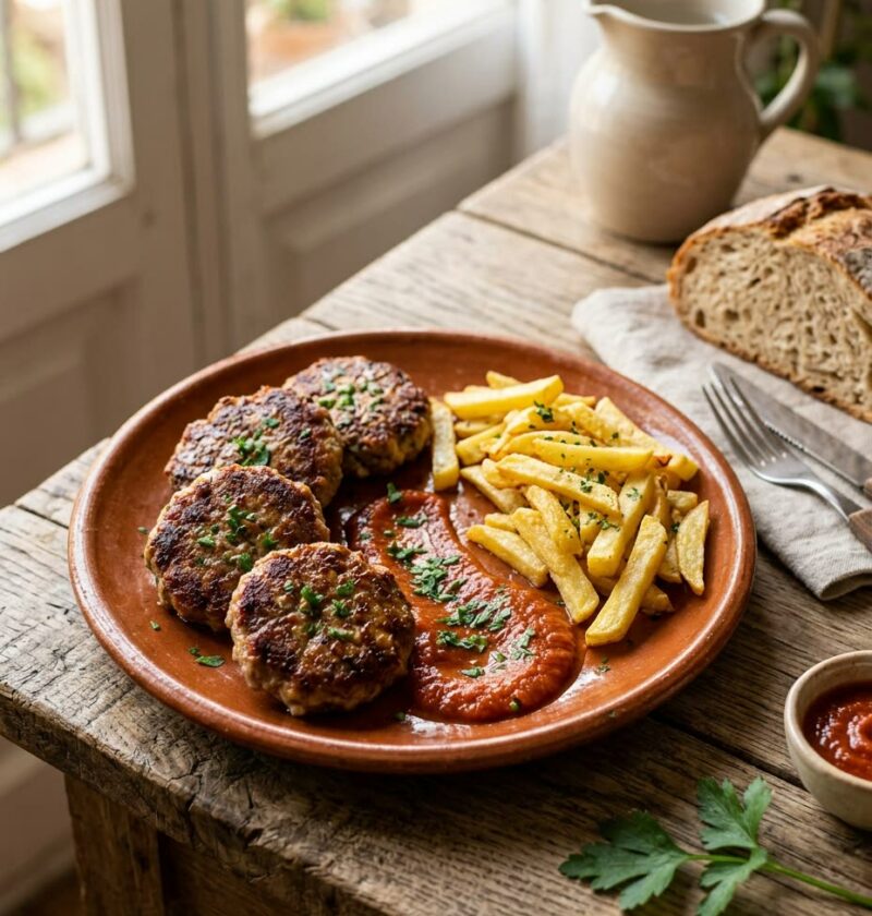 Plato de barro con filetes rusos dorados, salsa de tomate y patatas fritas, con pan de hogaza al lado