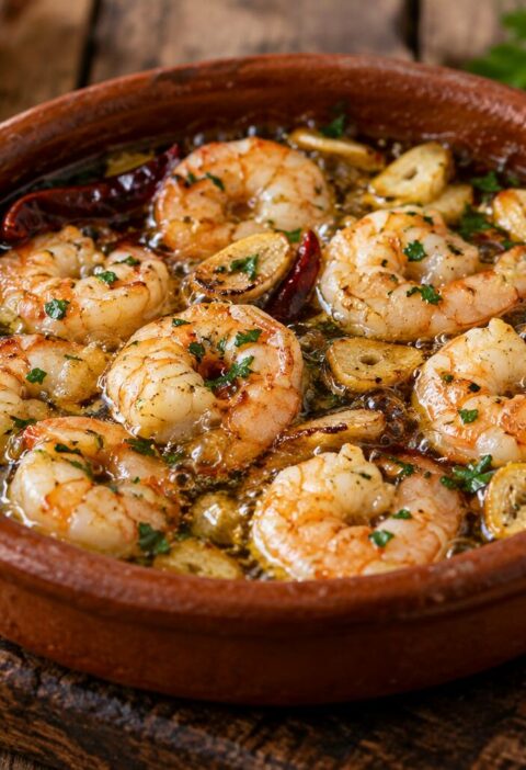 Cazuelita de barro con gambas al ajillo, ajo dorado y guindilla, con pan al lado