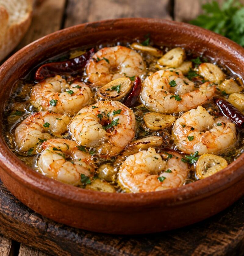 Cazuelita de barro con gambas al ajillo, ajo dorado y guindilla, con pan al lado