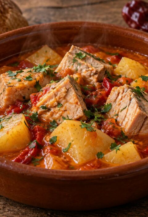 Cazuela de barro con marmitako de bonito y patatas en salsa roja con perejil, con pan al lado