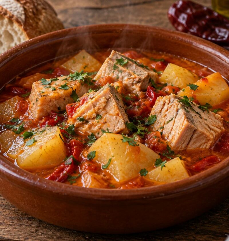 Cazuela de barro con marmitako de bonito y patatas en salsa roja con perejil, con pan al lado