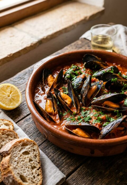 Cazuela de barro con mejillones a la marinera en salsa de tomate y pimentón con perejil picado, con pan de hogaza al lado