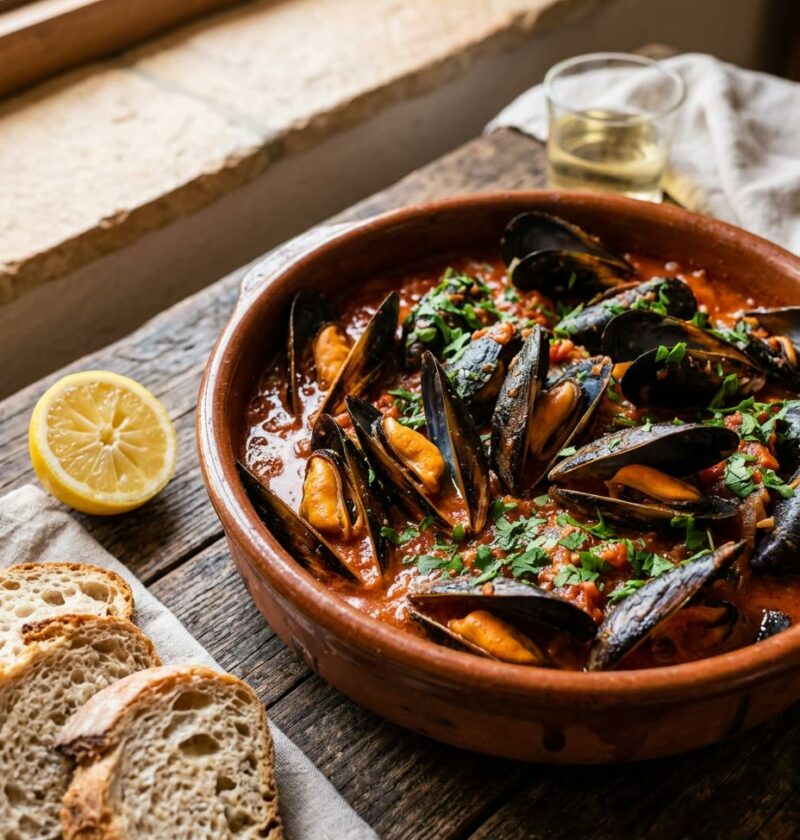 Cazuela de barro con mejillones a la marinera en salsa de tomate y pimentón con perejil picado, con pan de hogaza al lado