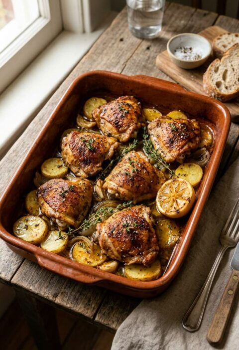 Fuente de barro con muslos de pollo al horno dorados sobre patatas y cebolla, con pan y limón al lado