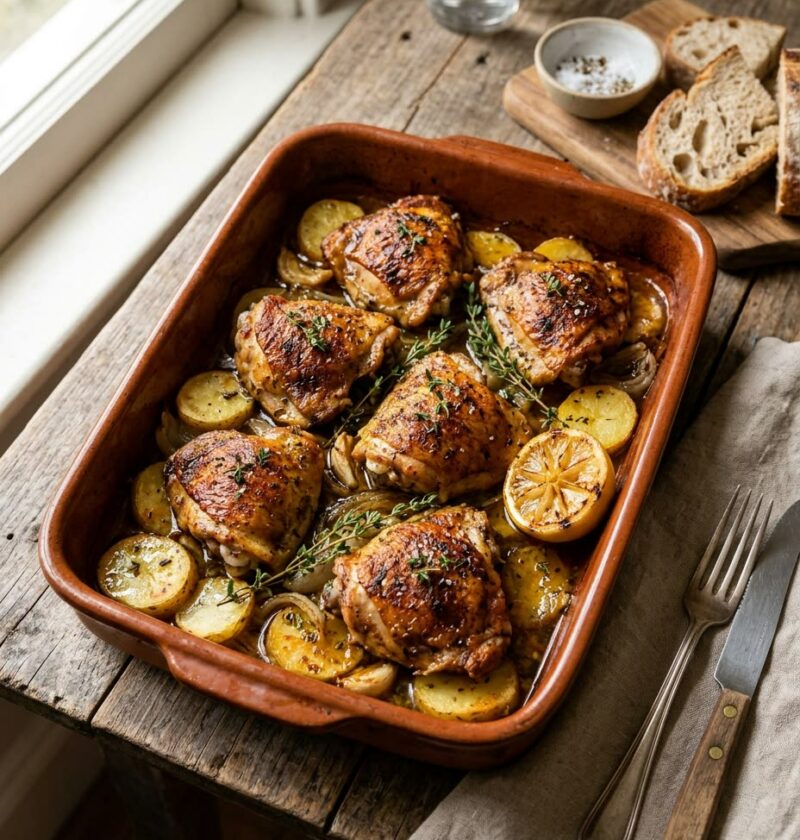 Fuente de barro con muslos de pollo al horno dorados sobre patatas y cebolla, con pan y limón al lado