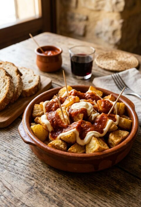 Cazuela de barro con patatas bravas doradas y crujientes cubiertas de salsa brava roja y alioli, con pan de hogaza al lado