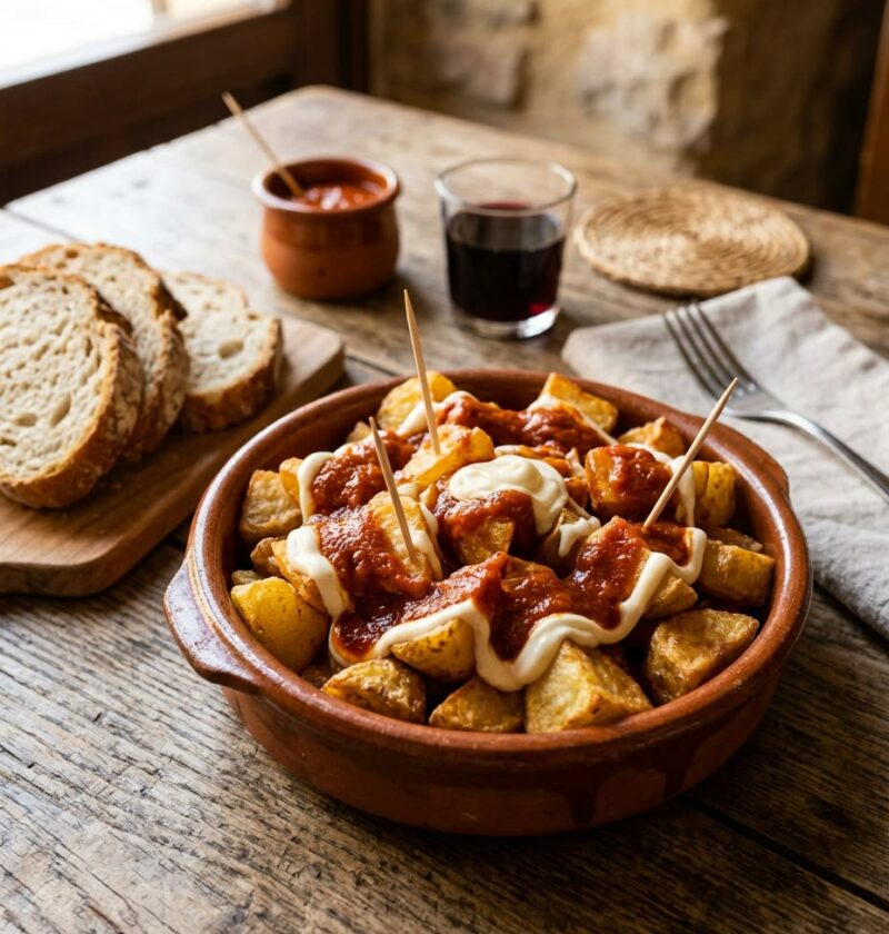 Cazuela de barro con patatas bravas doradas y crujientes cubiertas de salsa brava roja y alioli, con pan de hogaza al lado