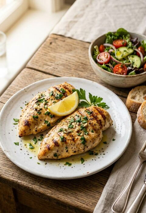Plato blanco con pechugas de pollo a la plancha doradas con marcas de parrilla, perejil y limón, con ensalada y pan al lado