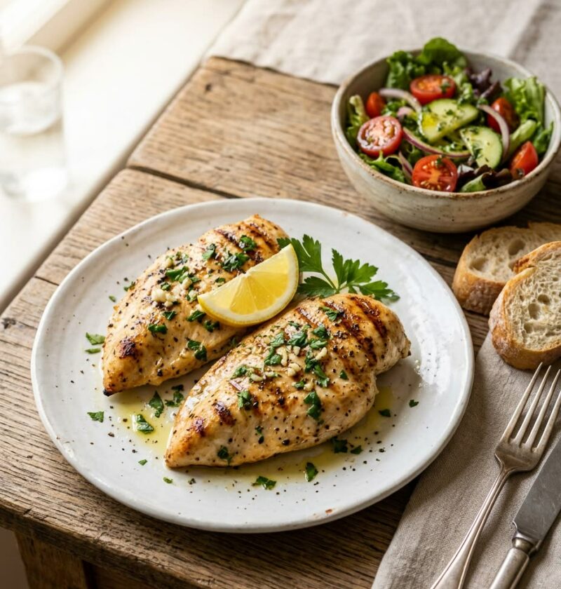 Plato blanco con pechugas de pollo a la plancha doradas con marcas de parrilla, perejil y limón, con ensalada y pan al lado