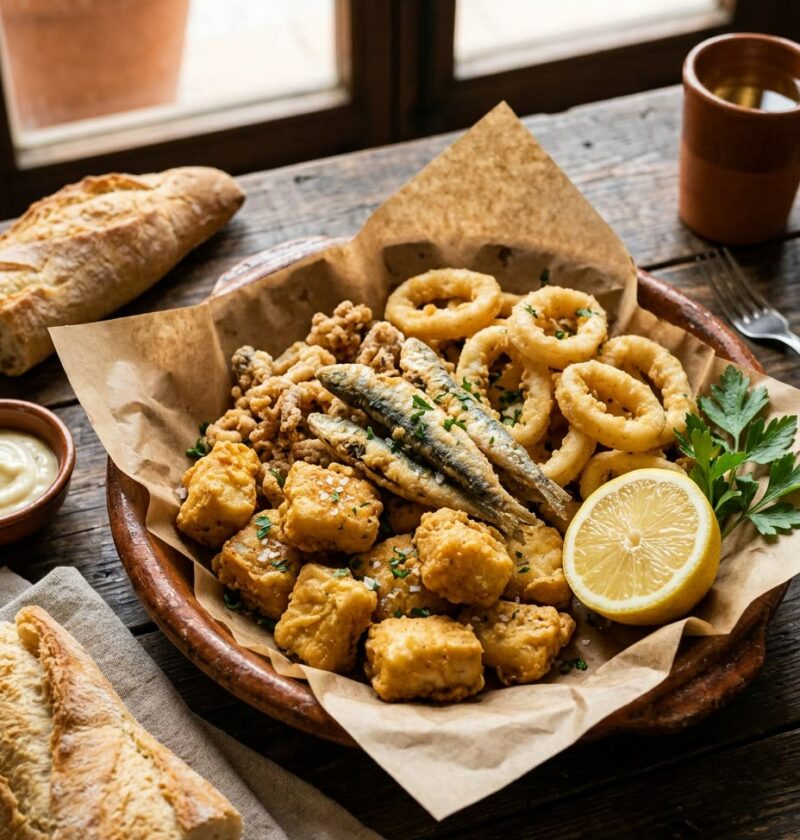 Fuente de barro con pescaíto frito sobre papel de estraza: anillas de calamar, boquerones, tacos de cazón en adobo y medio limón, con pan de barra al lado