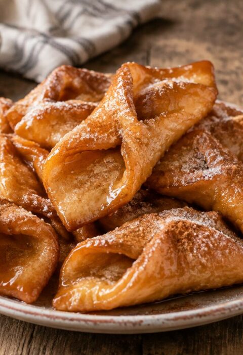 Plato de pestiños andaluces bañados en miel y espolvoreados con azúcar y canela sobre una mesa de madera