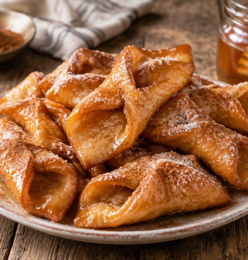 Plato de pestiños andaluces bañados en miel y espolvoreados con azúcar y canela sobre una mesa de madera