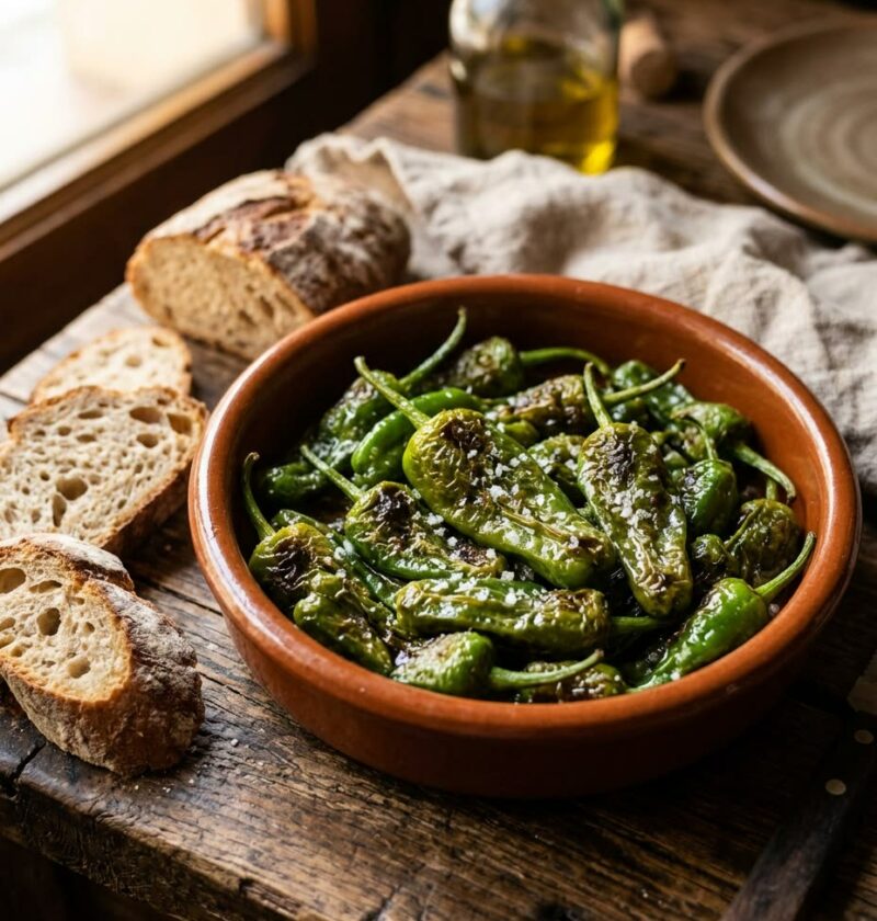 Cazuela de barro con pimientos de Padrón fritos y escamas de sal gorda, con pan rústico y aceite de oliva al lado